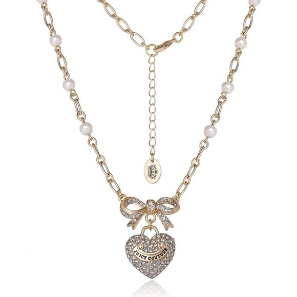 NIB JUICY COUTURE Gold Rhinestone Heart Bow Pearl Pendant Necklace 18”+2” GIFT - Picture 3 of 15